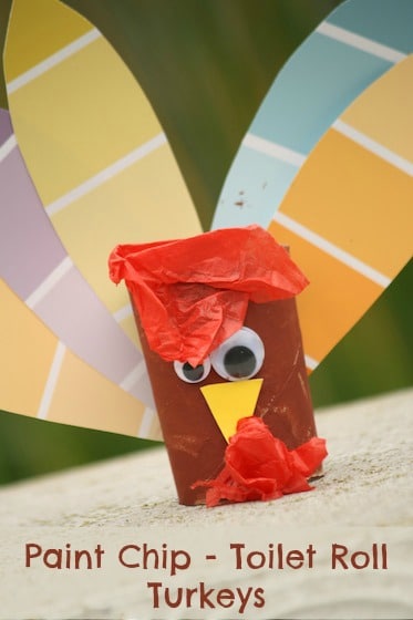 paint chip and toilet roll turkey craft for Thanksgiving 