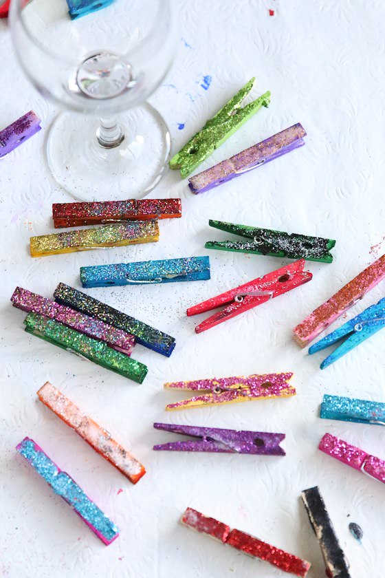 painted glittered clothespins and wine glass