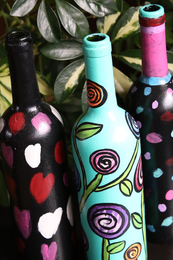 wine bottles painted with acrylic paint