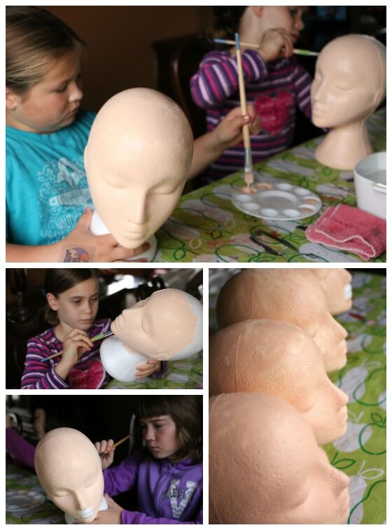 kids painting styrofoam heads with acrylic craft paint