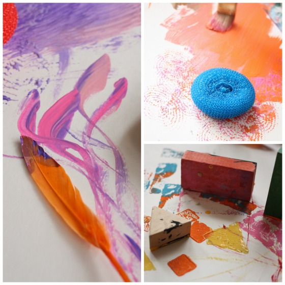 painting with feathers, sponges and blocks