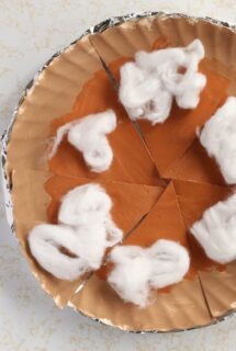 paper plate pumpkin pie in foil plate with cotton ball whipped cream