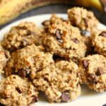 Flourless Peanut Butter Banana Cookies on Plate, bananas in background