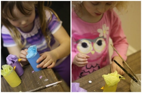 adding eyes and beaks to toilet roll peeps