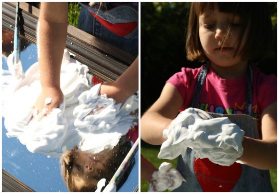 getting their hands covered in shaving cream while painting on the mirror