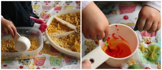 toddler dyeing pasta