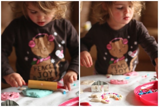 rolling and shaping Christmas Playdough cookies