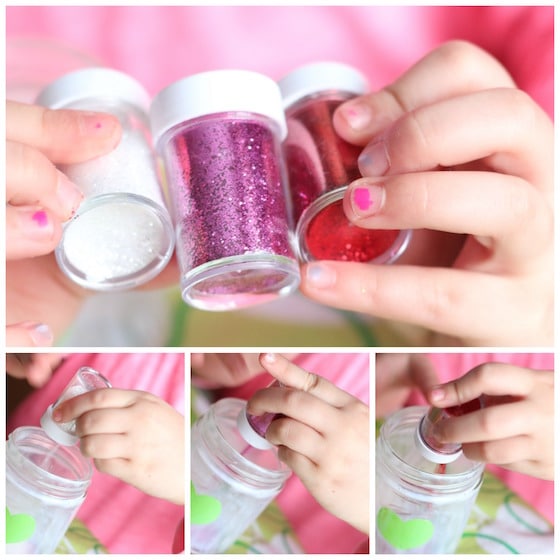 Glitter - child pouring glitter into glass jar