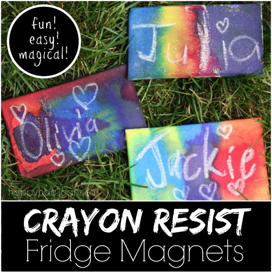 3 crayon resist fridge magnets for kids to make and give