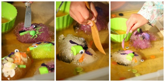 using pate knives, small spoons and brushes to melt ice with salt in a kid's science experiment