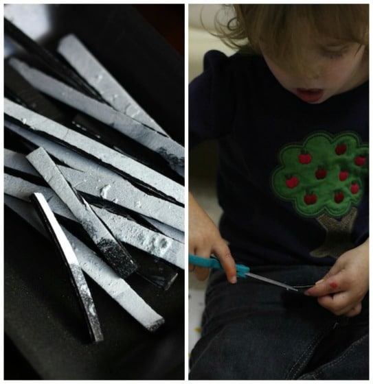 painted styrofoam strips are the "bones" for a skeleton foot craft