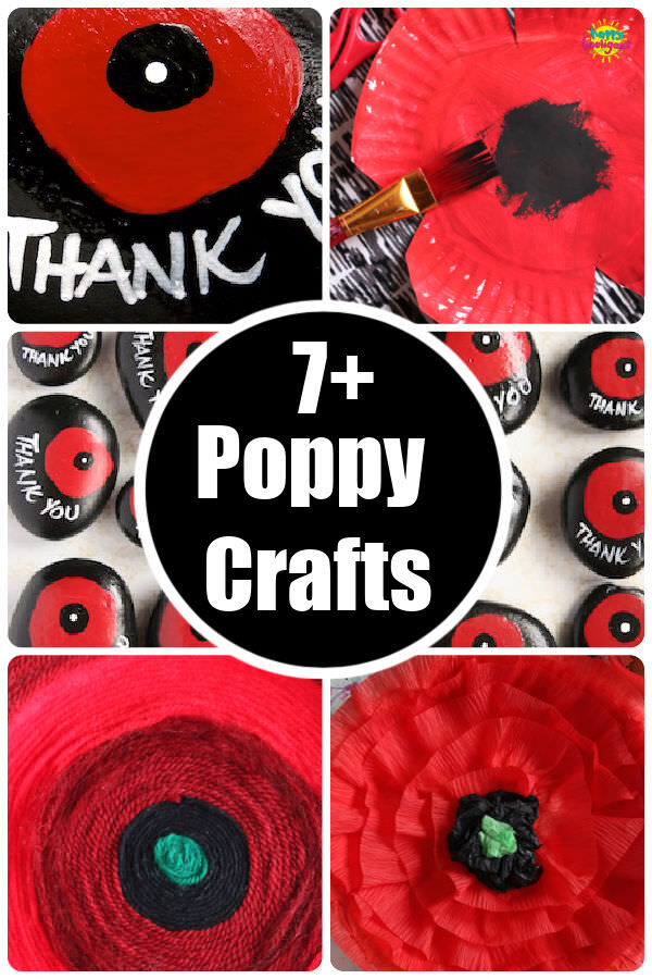 Collage of kid-made poppies for round up of poppy crafts for kids