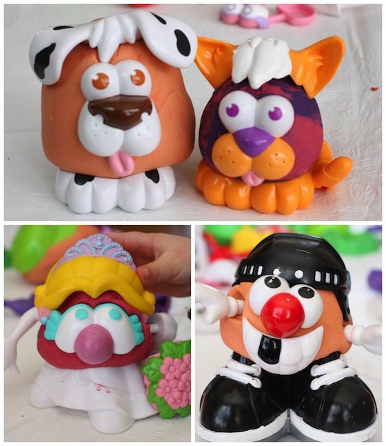 Dog and cat, princess and hockey player all made during homemade play dough/potato head session.