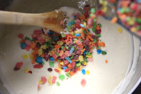 Pouring cereal into the marshmallows