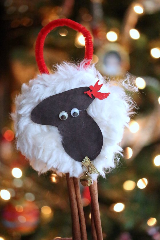 preschool sheep ornament craft on Christmas tree