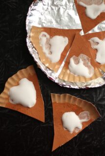 Paper Plate pumpkin pie in pan, 2 slices out of pan