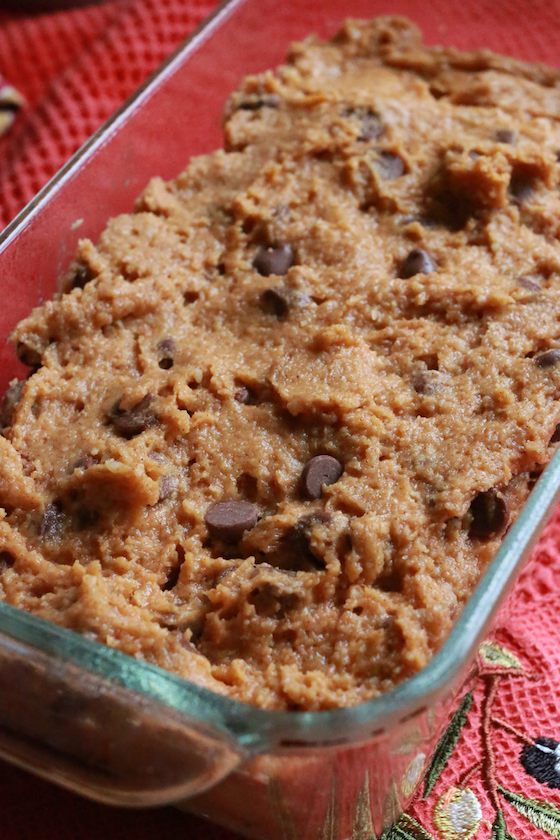 pumpkin chocolate chip batter in loaf batter in loaf pan