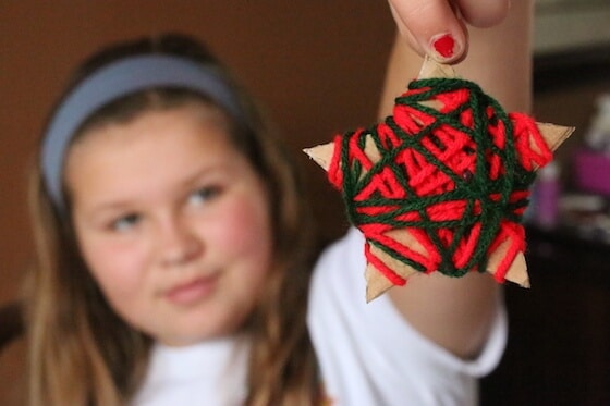 red and green yarn wrapped star ornament