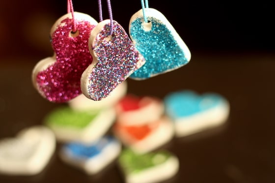 red, blue and multicoloured glitter ornaments made from baking soda clay heart ornaments 