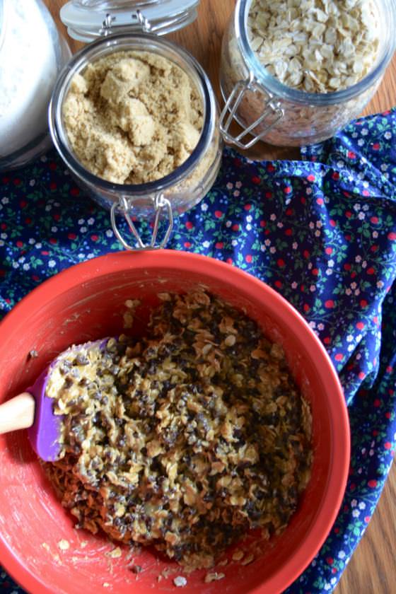 Red mixing bowl with oats brown sugar chocolate chips sugar