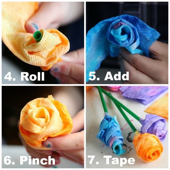 Rolling up roses from strips of paper towel