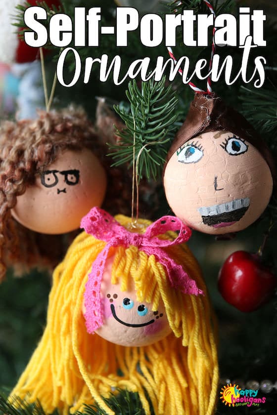 Kids can turn a styrofoam ball into a self-portrait ornament for the Christmas tree with a little paint and yarn. Easy, adorable and so much fun to make. #HappyHooligans #Christmas #Crafts #Homemade #Ornaments #SelfPortrait #Craft #KidsCrafts #ArtForKids #Art #Teens #Tweens