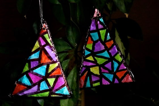 2 stained glass sharpie tinfoil Christmas tree ornaments Horizontal