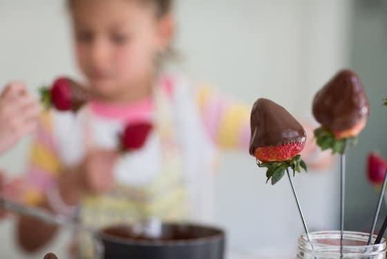 skewered berries dipped in chocolate