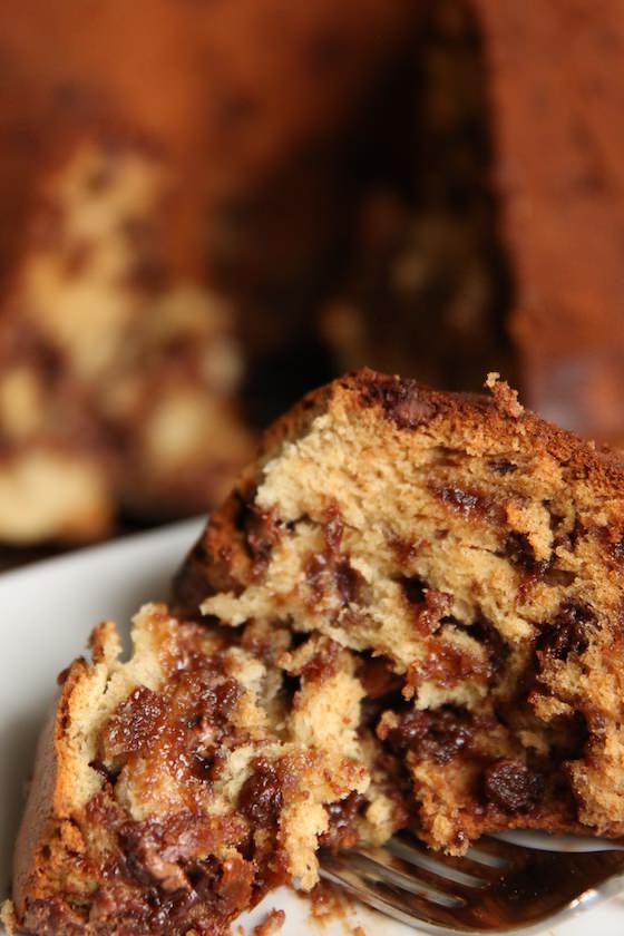 slice of banana bundt cake with chocolate chips