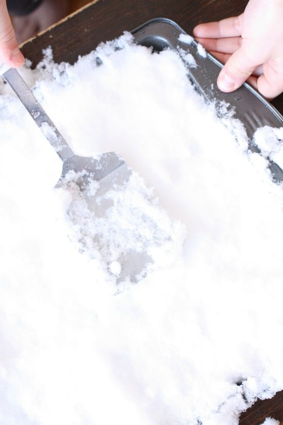 snow on baking sheet