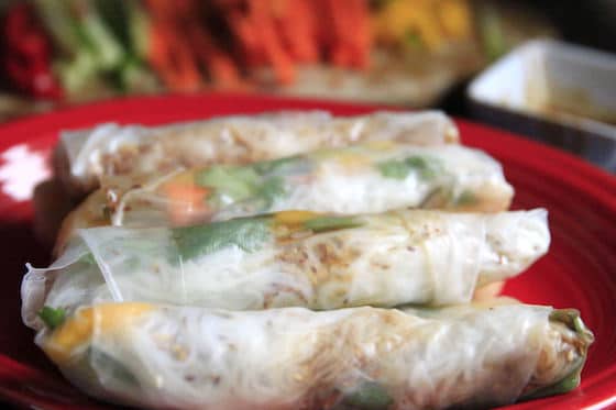 Cold spring rolls stuffed with fresh vegetables and cilantro