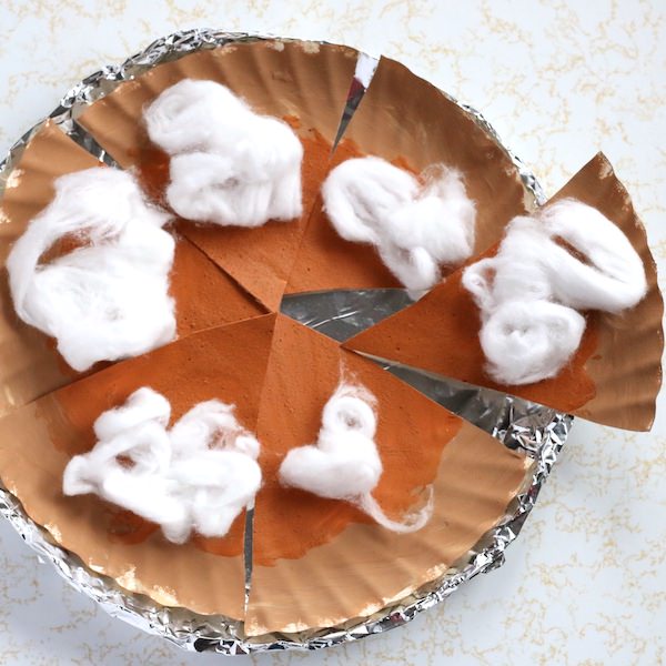 square image puffy paint pumpkin pie in foil plate