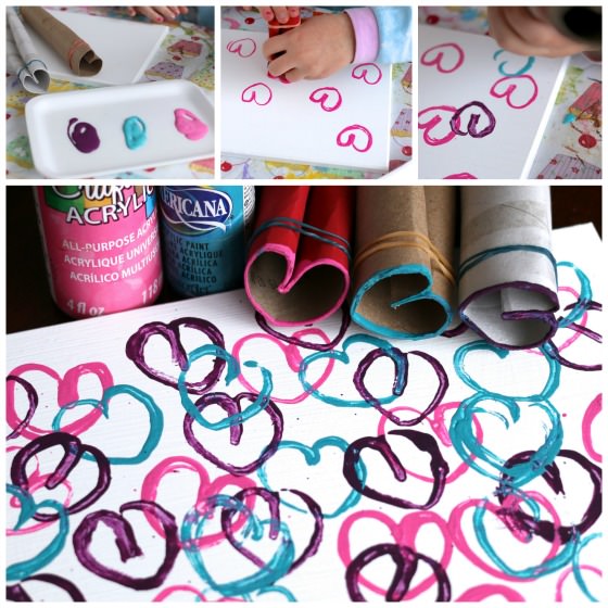 stamping hearts with toilet paper rolls