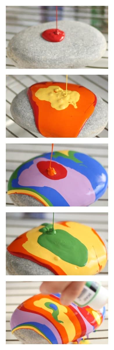 step by step images of pour painted paper weight rocks