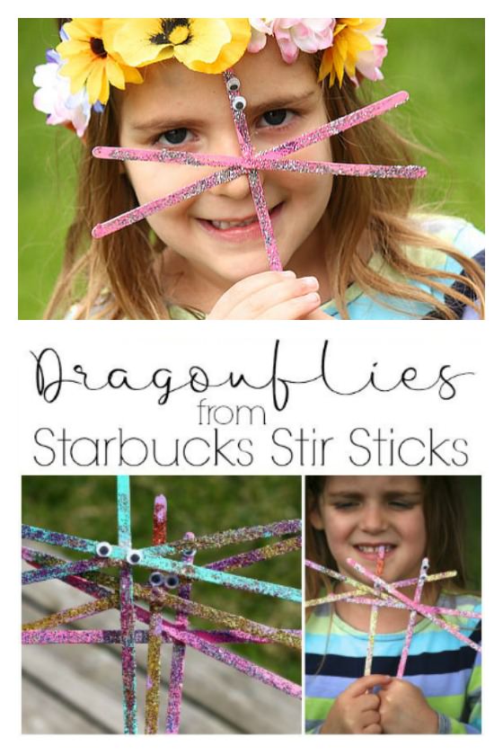 little girl wearing flowered tiara holding stir stick dragonfly craft up to her face