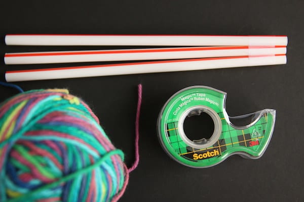 drinking straws, tape, yarn 