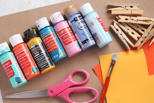 Paint, cardboard, clothespins, card stock, scissors
