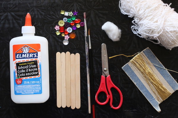 glue, craft sticks, gems, cotton ball, yarn, scissors