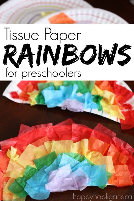 Tissue Paper and Paper Plate Rainbows for Preschoolers - great fine motor craft for St. Patrick's Day - Happy Hooligans 