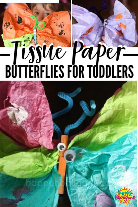 Preschool butterfly craft with tissue paper and clothespins