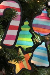 tissue paper stained glass christmas shapes on tree