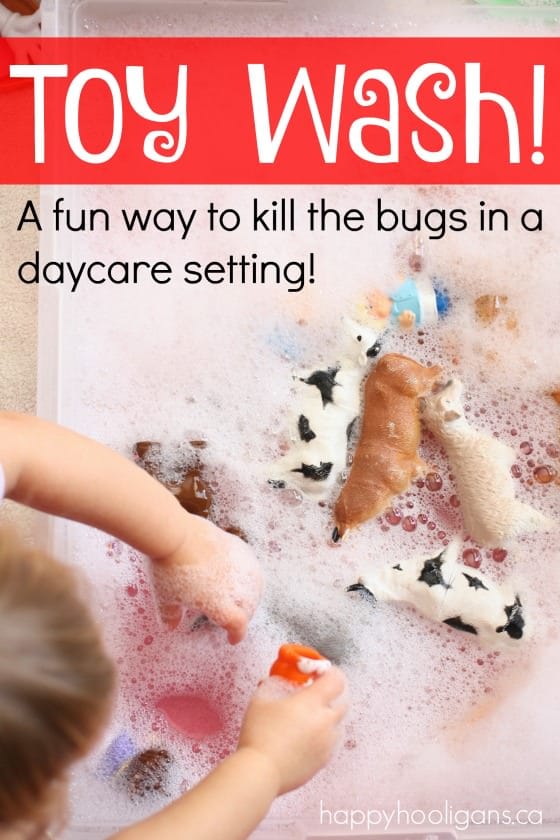 Toy Wash - washing the toys to kill the germs and bugs in daycare. Great water play activity that keeps the kids entertained for ages - Happy Hooligans