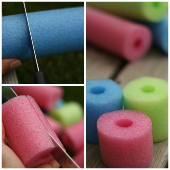 cutting pool noodles into pieces for giant abacus