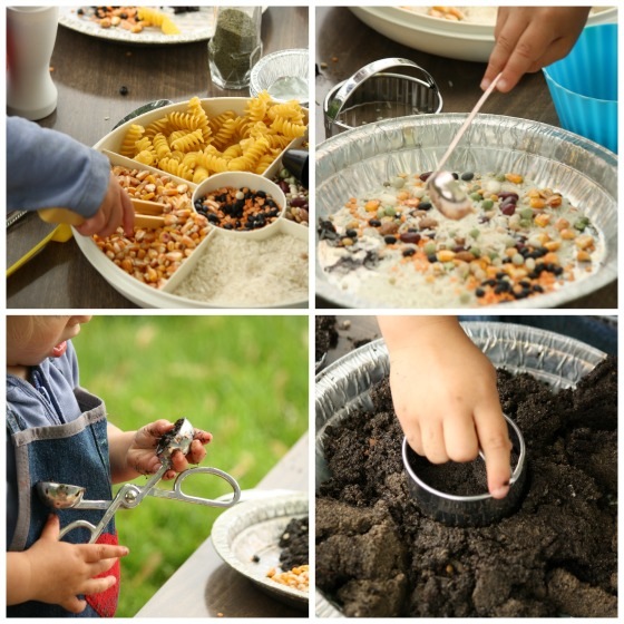 collage of kids making mudpie: tweezing, ladeling, scooping, cutting