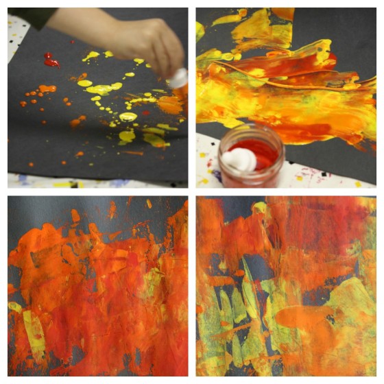 children painting fall colours with credit card