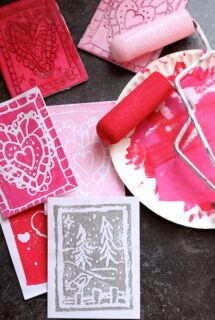 homemade valentines cards - block printmaking craft - red and pink paint - feature image