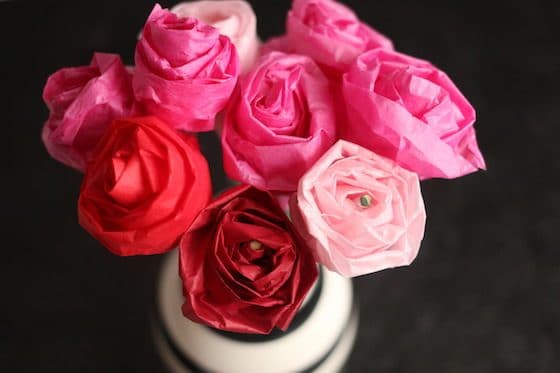 Red and White Tissue Paper Roses in black and white vase