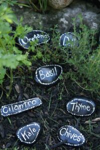 herb markers arranged vertically in herb garden