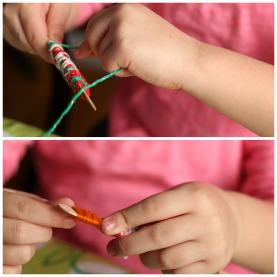 wrapping popsicle sticks with yarn