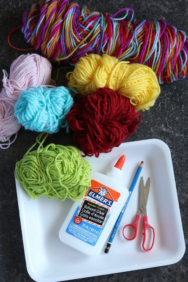 Yarn, Foam Tray, Glue, Pencil